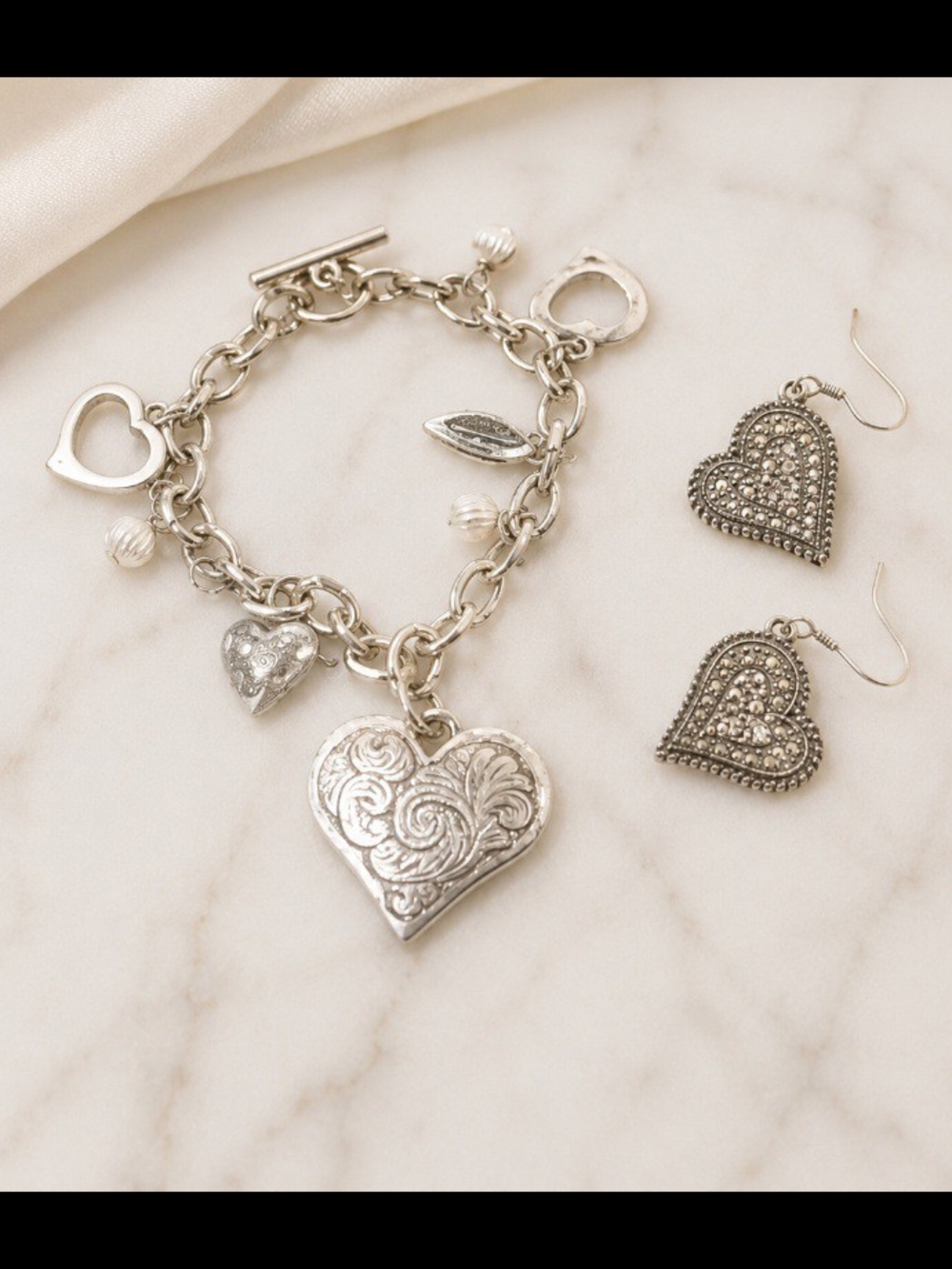 Silver Heart Charm Bracelet with Matching Heart Earrings